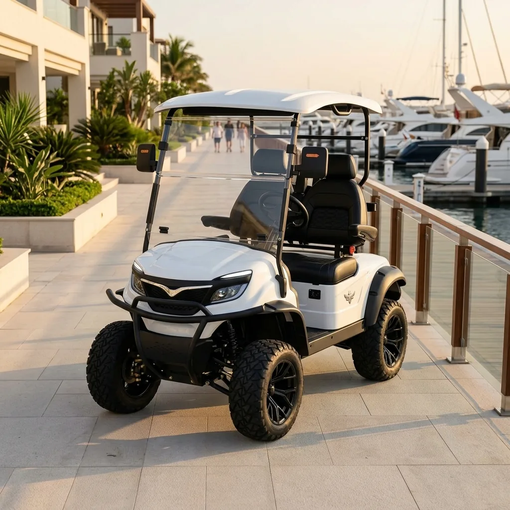 Bee Motors USA 2-Seater premium electric golf cart at marina