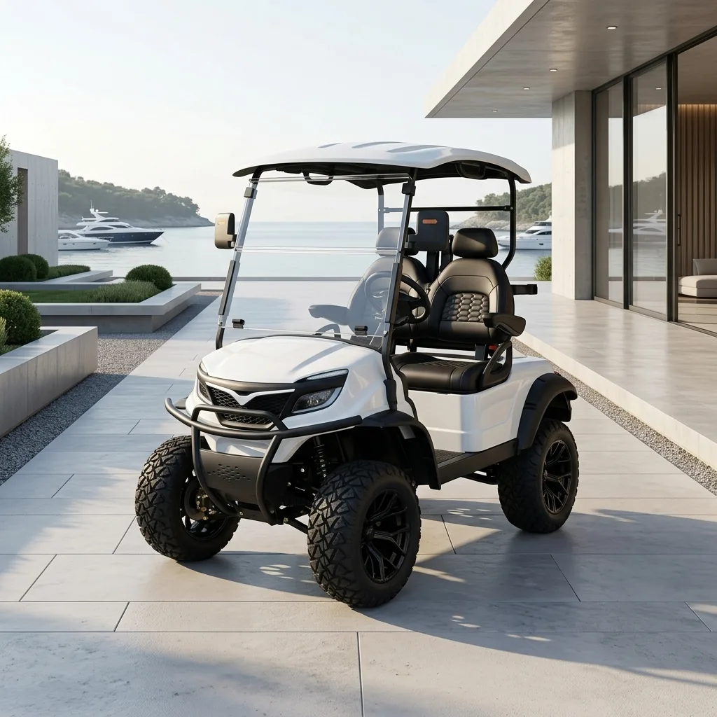 Bee Motors 2-Seater electric golf cart in lakefront residential setting