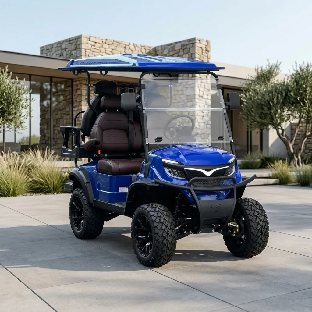 Bee Motors USA blue 2+2 electric golf cart with brown seating