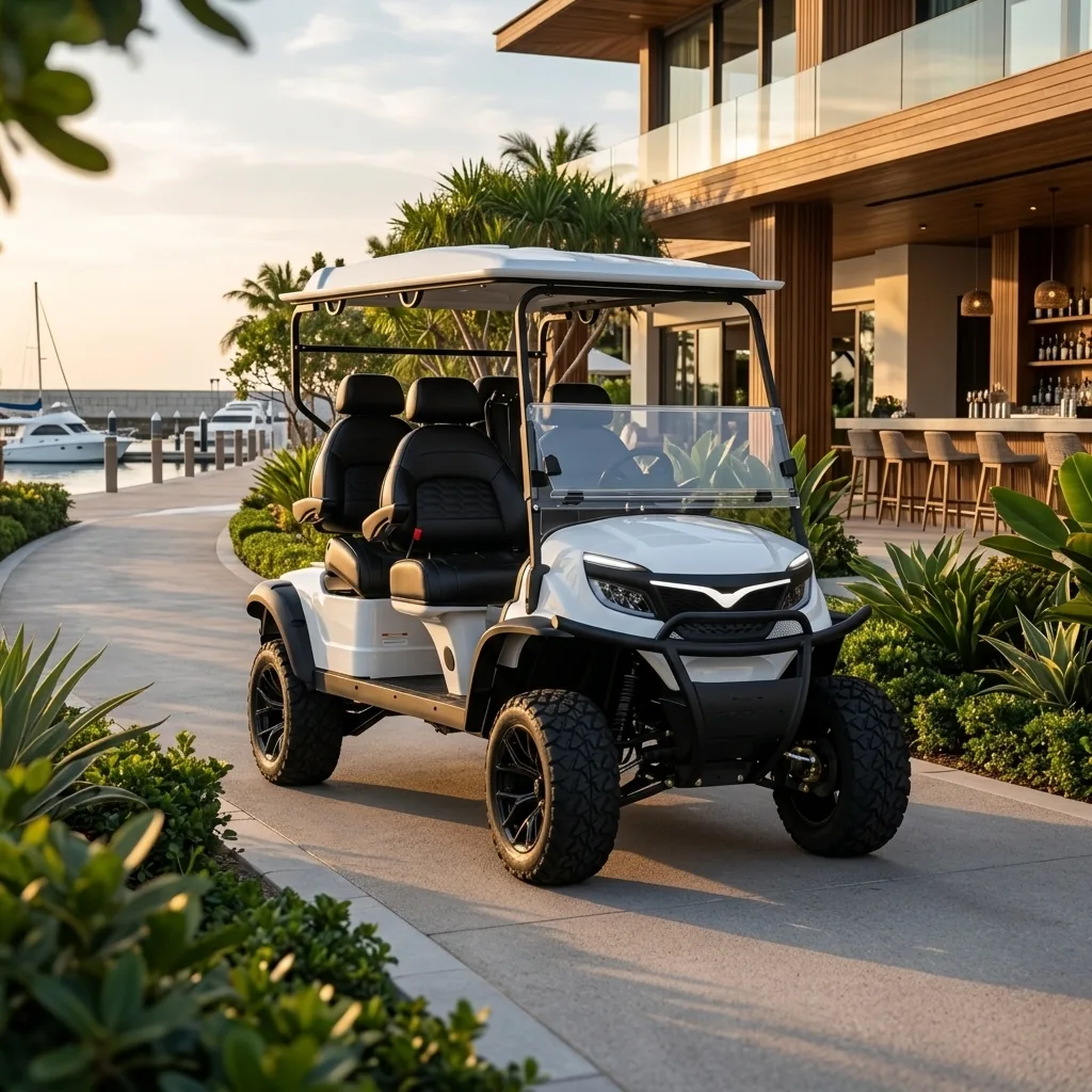 Bee Motors 4-Seater electric golf cart in an evening hospitality environment